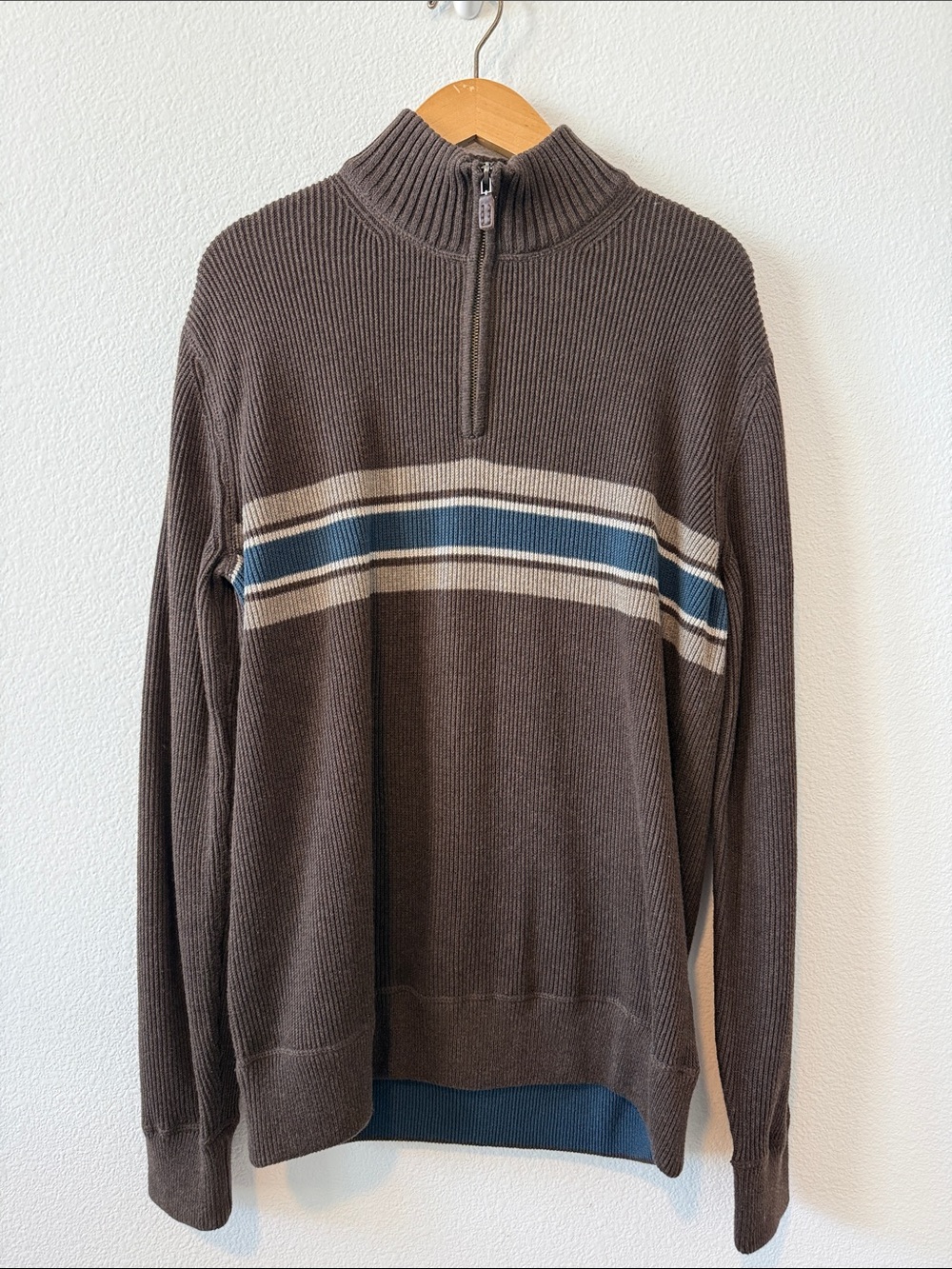 Eddie Bauer Cotton Ribbed Knit Men's Brown Half-Zip Stripe Sweater XL